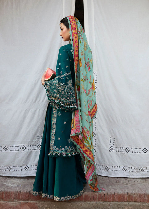HUSSAIN REHAR - 3PC DHANAK EMBROIDERED SHIRT WITH PRINTED  SHAWL AND TROUSER - KPR- Saage-03
