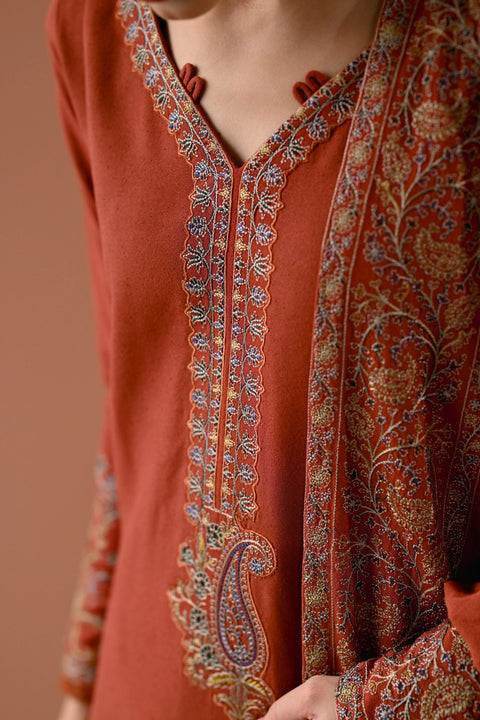 ZAIB - 3PC DHANAK EMBROIDERED SHIRT WITH DHANAK EMBROIDERED SHAWL AND TROUSER - KPR 12
