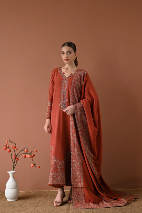 ZAIB - 3PC DHANAK EMBROIDERED SHIRT WITH DHANAK EMBROIDERED SHAWL AND TROUSER - KPR 12