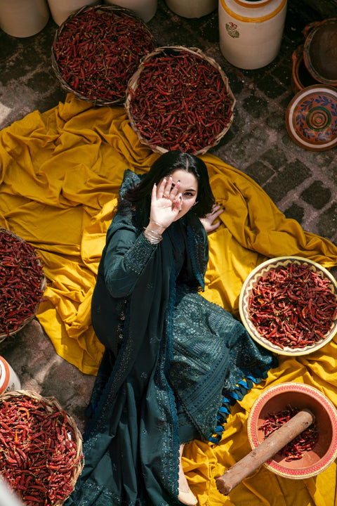 FLORENT - 3PC DHANAK EMBROIDERED SHIRT WITH TWILL PRINTED SHAWL AND TROUSER - GR-1