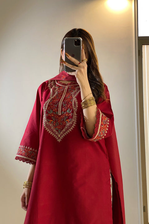 Tehzeeblibas - 3-piece dhannak embroidered suit - (Kesar)