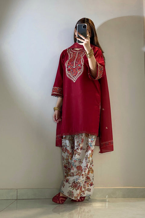 Tehzeeblibas - 3-piece dhannak embroidered suit - (Kesar)