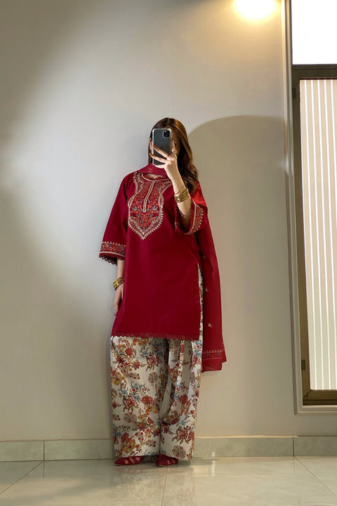 Tehzeeblibas - 3-piece dhannak embroidered suit - (Kesar)