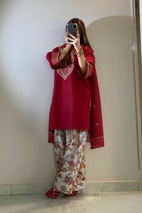 Tehzeeblibas - 3-piece dhannak embroidered suit - (Kesar)