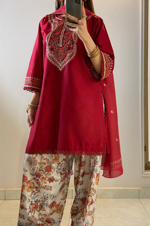Tehzeeblibas - 3-piece dhannak embroidered suit - (Kesar)