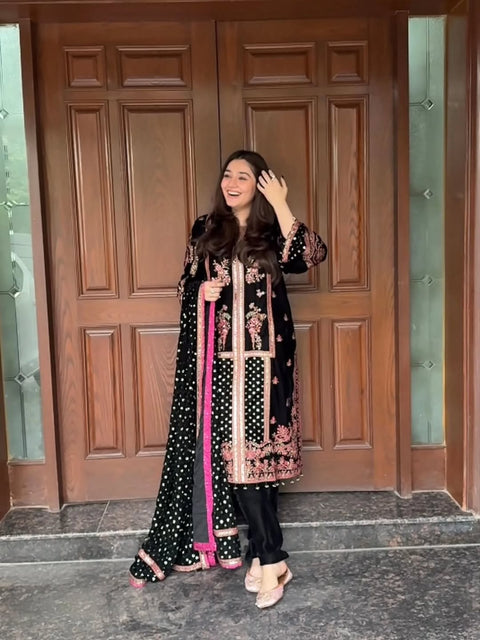 Aneelas Luxury Velvet Suit 3 Piece Unstitched - Oceans