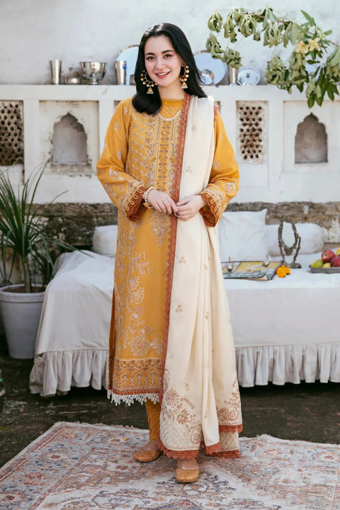 FLORENT - 3PC DHANAK EMBROIDERED SHIRT WITH DHANAK EMBROIDERED SHAWL AND TROUSER - KPR-2319