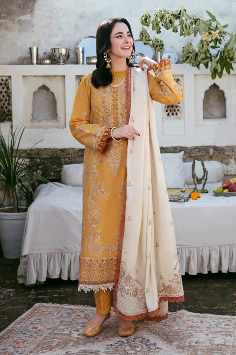 FLORENT - 3PC DHANAK EMBROIDERED SHIRT WITH DHANAK EMBROIDERED SHAWL AND TROUSER - KPR-2319