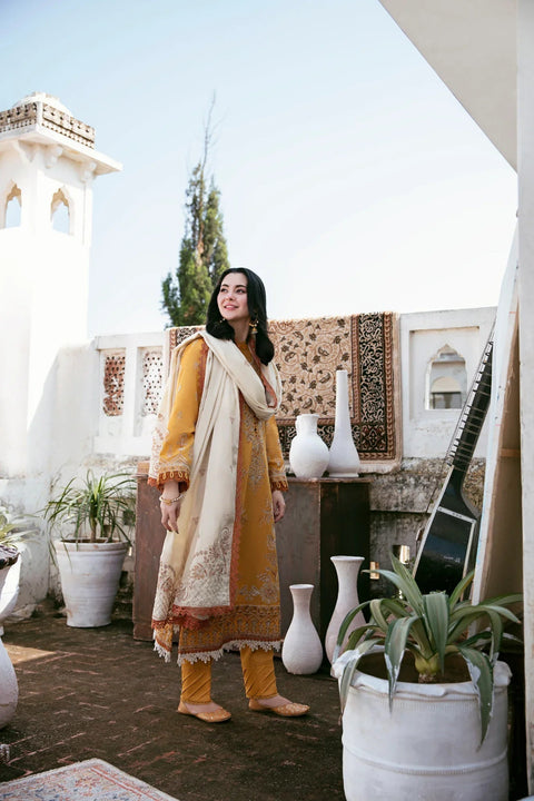 FLORENT - 3PC DHANAK EMBROIDERED SHIRT WITH DHANAK EMBROIDERED SHAWL AND TROUSER - KPR-2319