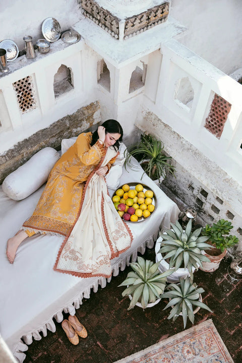 FLORENT - 3PC DHANAK EMBROIDERED SHIRT WITH DHANAK EMBROIDERED SHAWL AND TROUSER - KPR-2319