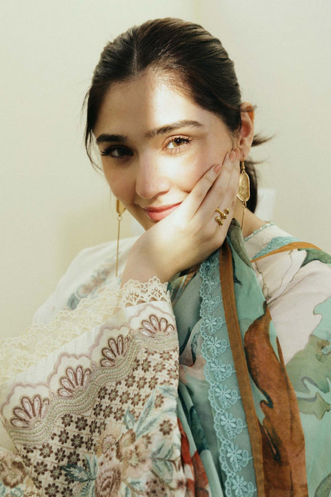 ZARA SHAJAHAN- 3PC LAWN EMBROIDERED SHIRT WITH LAWN  EMBROIDERED SHAWL AND TROUSER - KPR21