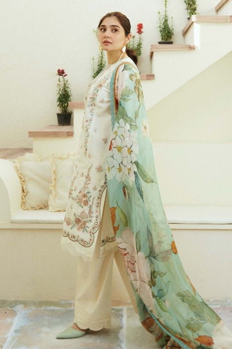 ZARA SHAJAHAN- 3PC LAWN EMBROIDERED SHIRT WITH LAWN  EMBROIDERED SHAWL AND TROUSER - KPR21