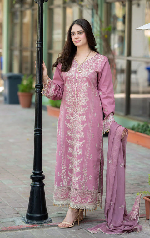LIBAAS - 3PC DHANAK EMBROIDERED SHIRT WITH PASHMINA SHAWL AND TROUSER - PNK-01