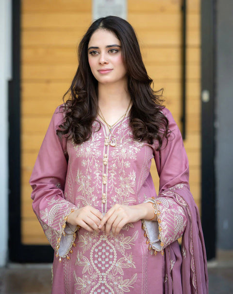 LIBAAS - 3PC DHANAK EMBROIDERED SHIRT WITH PASHMINA SHAWL AND TROUSER - PNK-01