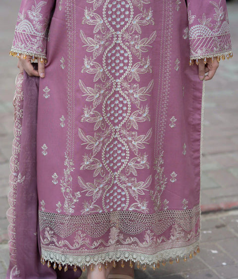 LIBAAS - 3PC DHANAK EMBROIDERED SHIRT WITH PASHMINA SHAWL AND TROUSER - PNK-01
