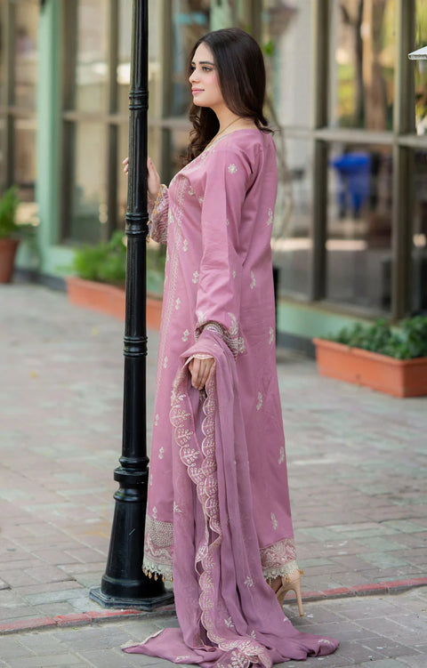 LIBAAS - 3PC DHANAK EMBROIDERED SHIRT WITH PASHMINA SHAWL AND TROUSER - PNK-01
