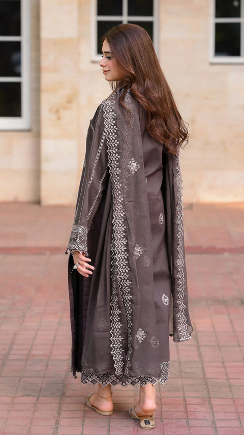 LIBAAS - 3PC DHANAK EMBROIDERED SHIRT WITH DHANAK EMBROIDERED SHAWL AND TROUSER -KPR-2005