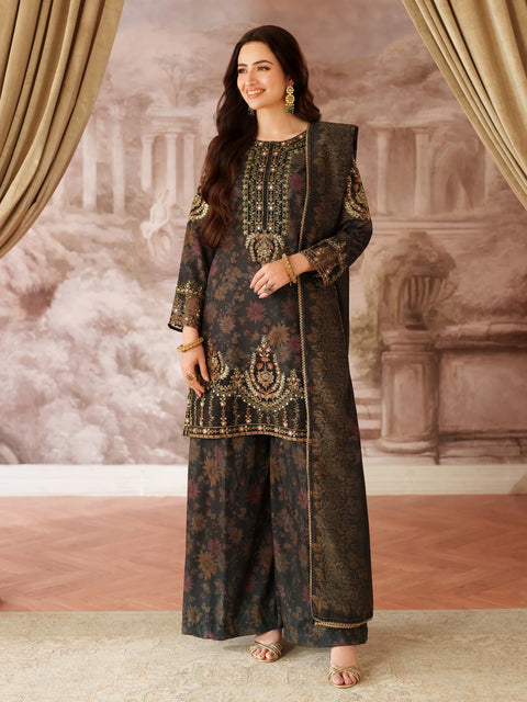 MOHAGNI - 3PC LAWN EMBROIDERED SHIRT WITH MANAAR PRINTED DUPATTA AND TROUSER - 999-BLK