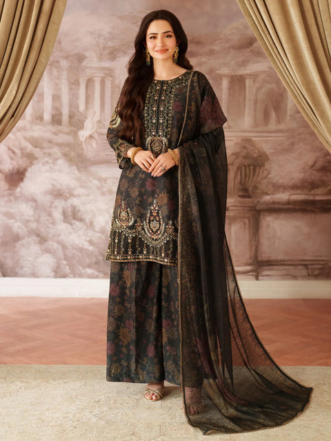 MOHAGNI - 3PC LAWN EMBROIDERED SHIRT WITH MANAAR PRINTED DUPATTA AND TROUSER - 999-BLK
