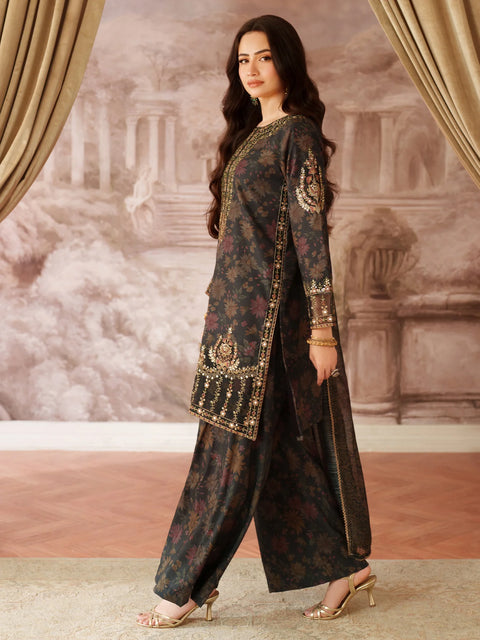 MOHAGNI - 3PC LAWN EMBROIDERED SHIRT WITH MANAAR PRINTED DUPATTA AND TROUSER - 999-BLK
