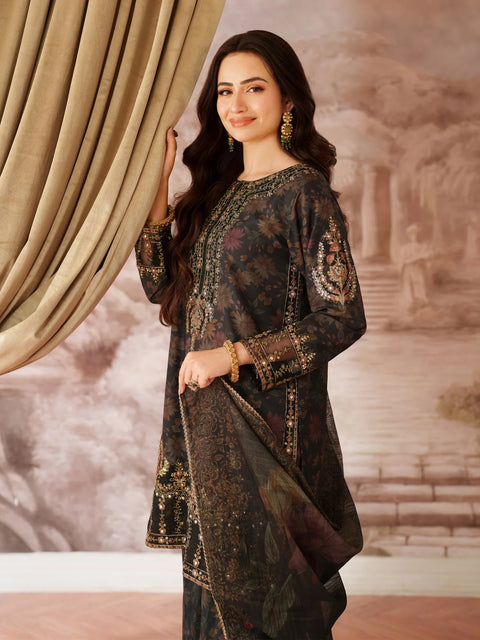 MOHAGNI - 3PC LAWN EMBROIDERED SHIRT WITH MANAAR PRINTED DUPATTA AND TROUSER - 999-BLK