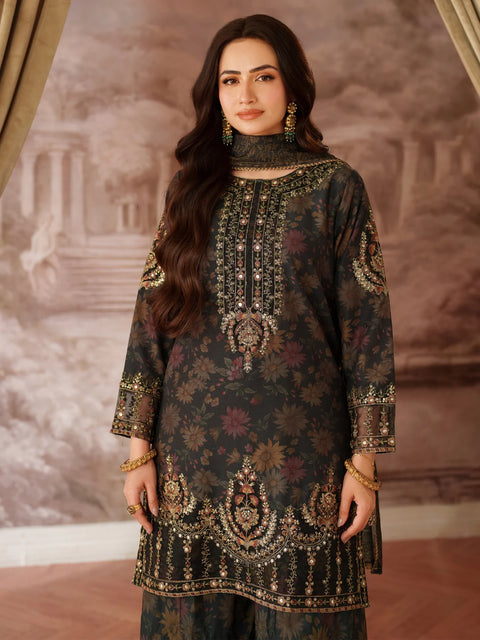 MOHAGNI - 3PC LAWN EMBROIDERED SHIRT WITH MANAAR PRINTED DUPATTA AND TROUSER - 999-BLK