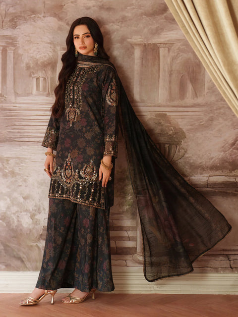 MOHAGNI - 3PC LAWN EMBROIDERED SHIRT WITH MANAAR PRINTED DUPATTA AND TROUSER - 999-BLK