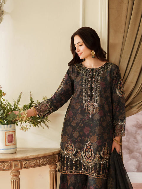 MOHAGNI - 3PC LAWN EMBROIDERED SHIRT WITH MANAAR PRINTED DUPATTA AND TROUSER - 999-BLK