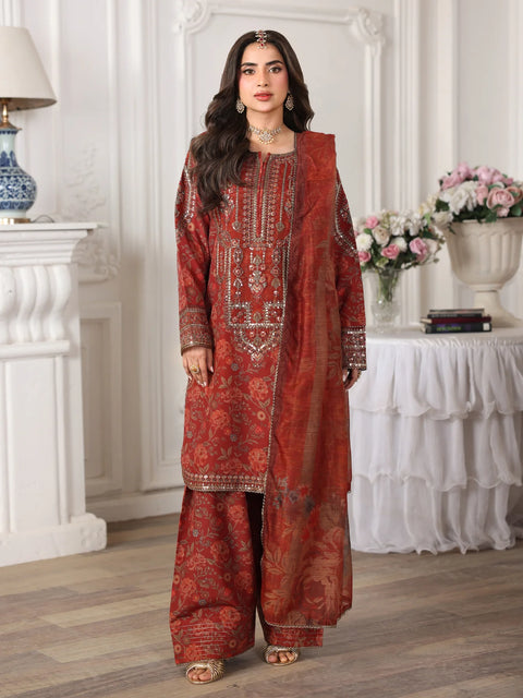 MOHAGNI - 3PC LAWN EMBROIDERED SHIRT WITH MANAAR PRINTED DUPATTA AND TROUSER - 999-RD