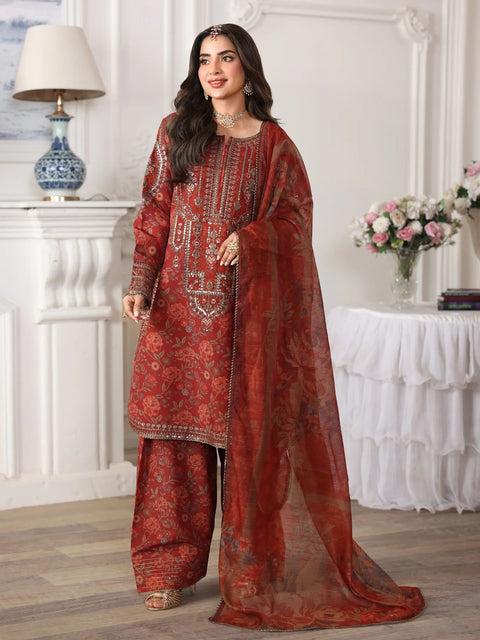 MOHAGNI - 3PC LAWN EMBROIDERED SHIRT WITH MANAAR PRINTED DUPATTA AND TROUSER - 999-RD