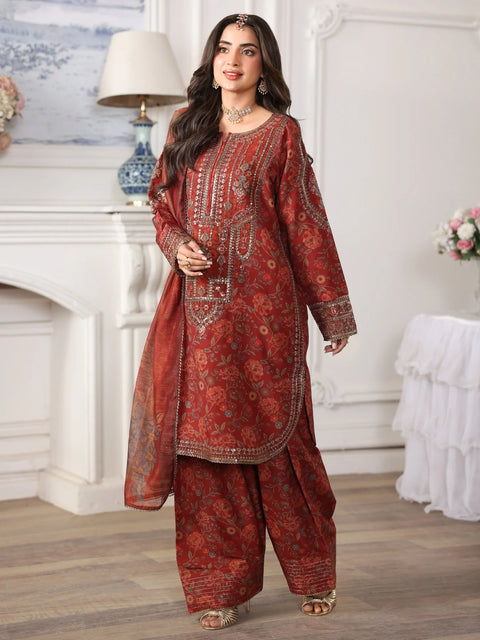 MOHAGNI - 3PC LAWN EMBROIDERED SHIRT WITH MANAAR PRINTED DUPATTA AND TROUSER - 999-RD