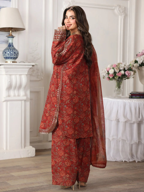 MOHAGNI - 3PC LAWN EMBROIDERED SHIRT WITH MANAAR PRINTED DUPATTA AND TROUSER - 999-RD