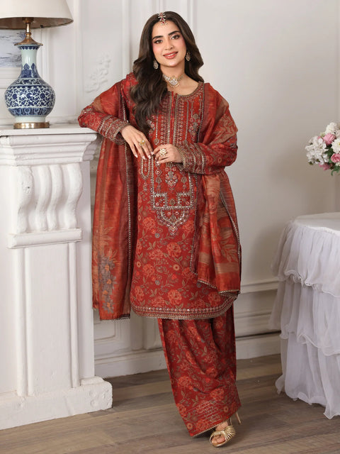 MOHAGNI - 3PC LAWN EMBROIDERED SHIRT WITH MANAAR PRINTED DUPATTA AND TROUSER - 999-RD