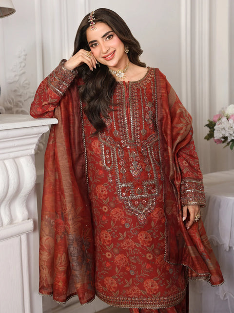 MOHAGNI - 3PC LAWN EMBROIDERED SHIRT WITH MANAAR PRINTED DUPATTA AND TROUSER - 999-RD