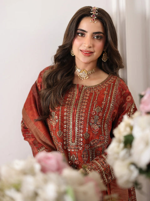 MOHAGNI - 3PC LAWN EMBROIDERED SHIRT WITH MANAAR PRINTED DUPATTA AND TROUSER - 999-RD