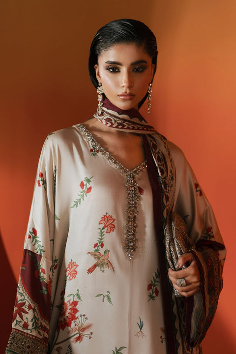 Maria.B -Beige and Maroon Luxury Silk Embroidered 3Pc Unstitched Suit PA-161