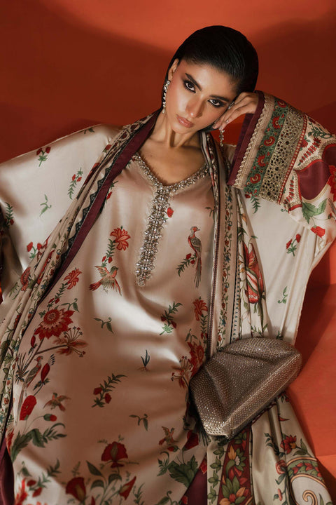 Maria.B -Beige and Maroon Luxury Silk Embroidered 3Pc Unstitched Suit PA-161