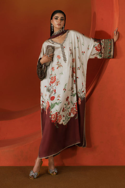 Maria.B -Beige and Maroon Luxury Silk Embroidered 3Pc Unstitched Suit PA-161