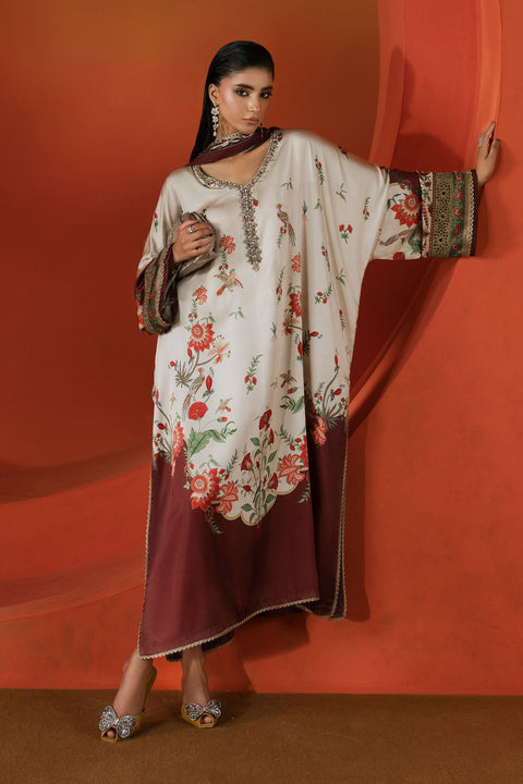 Maria.B -Beige and Maroon Luxury Silk Embroidered 3Pc Unstitched Suit PA-161