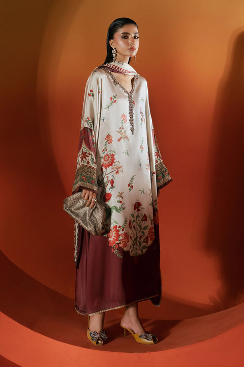 Maria.B -Beige and Maroon Luxury Silk Embroidered 3Pc Unstitched Suit PA-161