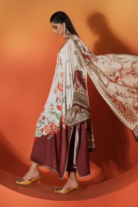Maria.B -Beige and Maroon Luxury Silk Embroidered 3Pc Unstitched Suit PA-161