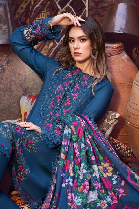 MARIA B - 3PC DHANAK EMBROIDERED SHIRT WITH COTRAI WOOL PRINTED SHAWL AND TROUSER - KPR 1429