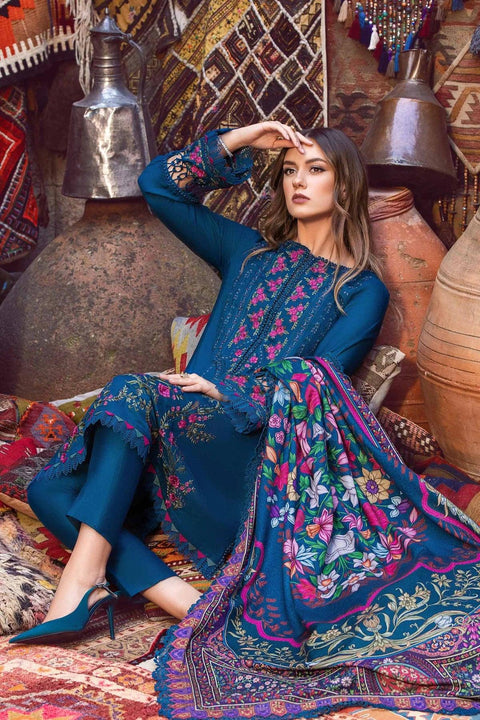 MARIA B - 3PC DHANAK EMBROIDERED SHIRT WITH COTRAI WOOL PRINTED SHAWL AND TROUSER - KPR 1429