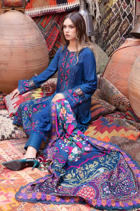 MARIA B - 3PC DHANAK EMBROIDERED SHIRT WITH COTRAI WOOL PRINTED SHAWL AND TROUSER - KPR 1429