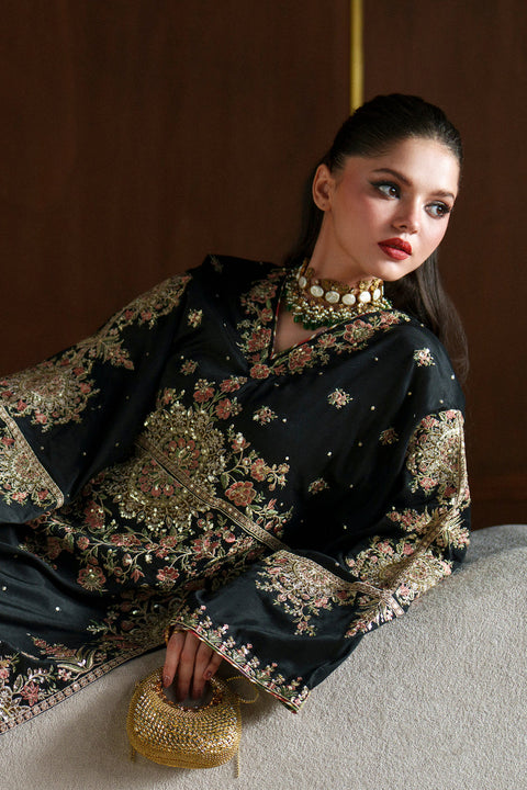 ETHNIC -  Luxury Silk Embroidered 3Pc Unstitched Suit JET BLACK | E11