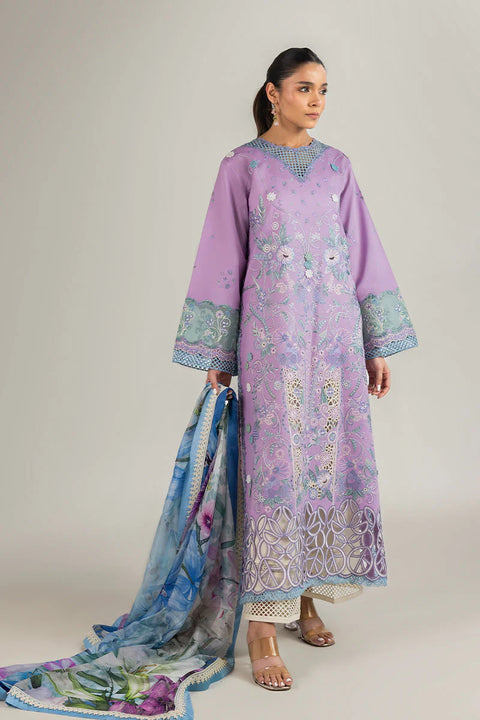 MUSHQ  -3PC DHANAK EMBROIDERED SHIRT WITH PRINTED SHAWL AND TROUSER- KPR-22