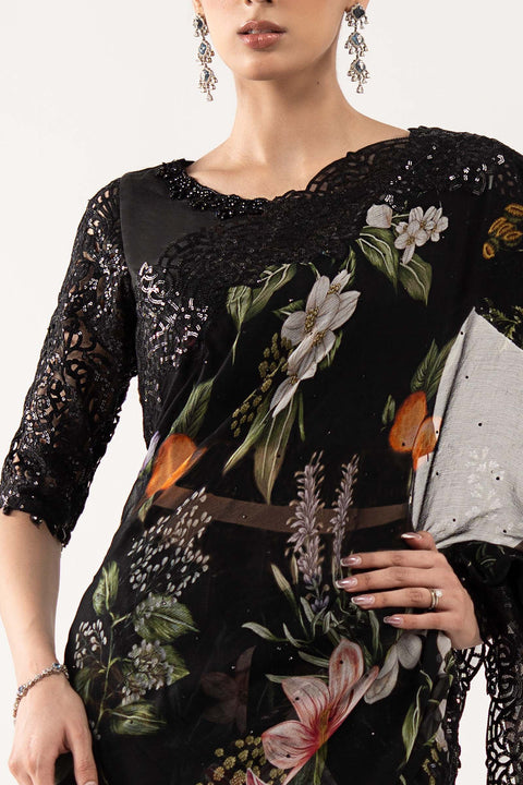 MARIA B - Embroidered Chiffon Saree -EF26-09-Black