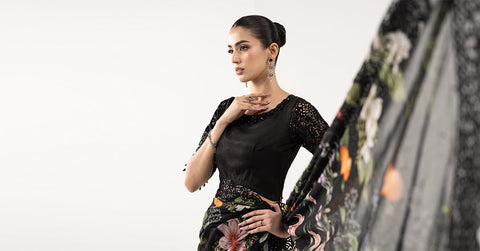 MARIA B - Embroidered Chiffon Saree -EF26-09-Black