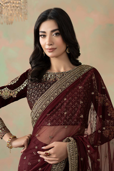 Maria B 11R1-Maroon Luxury Net Embroidered 3Pc Unstitched Sari PA-131