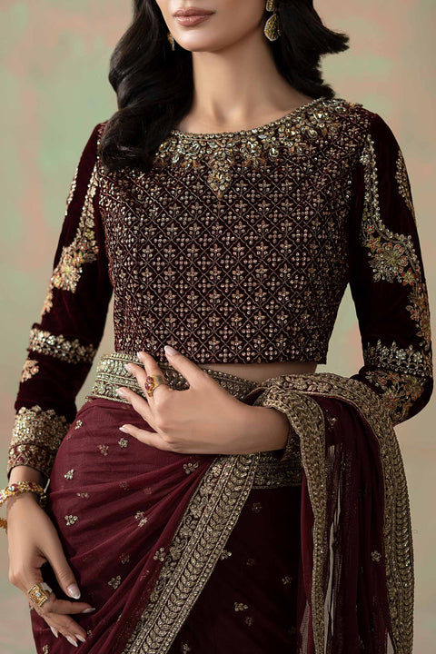 Maria B 11R1-Maroon Luxury Net Embroidered 3Pc Unstitched Sari PA-131